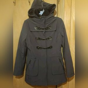 Mo-ka Original Recipe Toggle Coat Womens Size S Dark Gray Hooded Layered Jacket